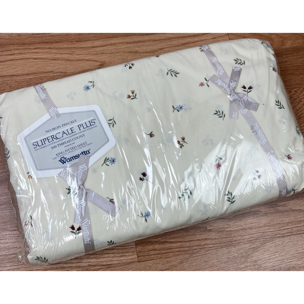 Vintage Wamsutta Supercale Plus King Size Fitted Sheet Cream Floral NEW